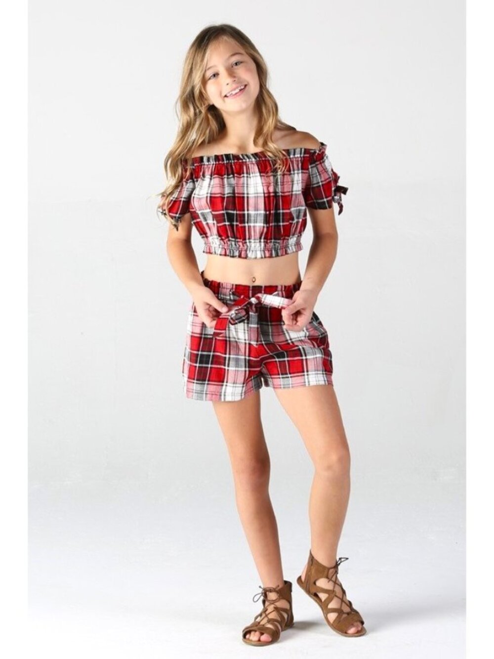 Angie Brand Plaid Shorts/Top Set. Red, Black, White. Girl's Size Medium. NWT.
